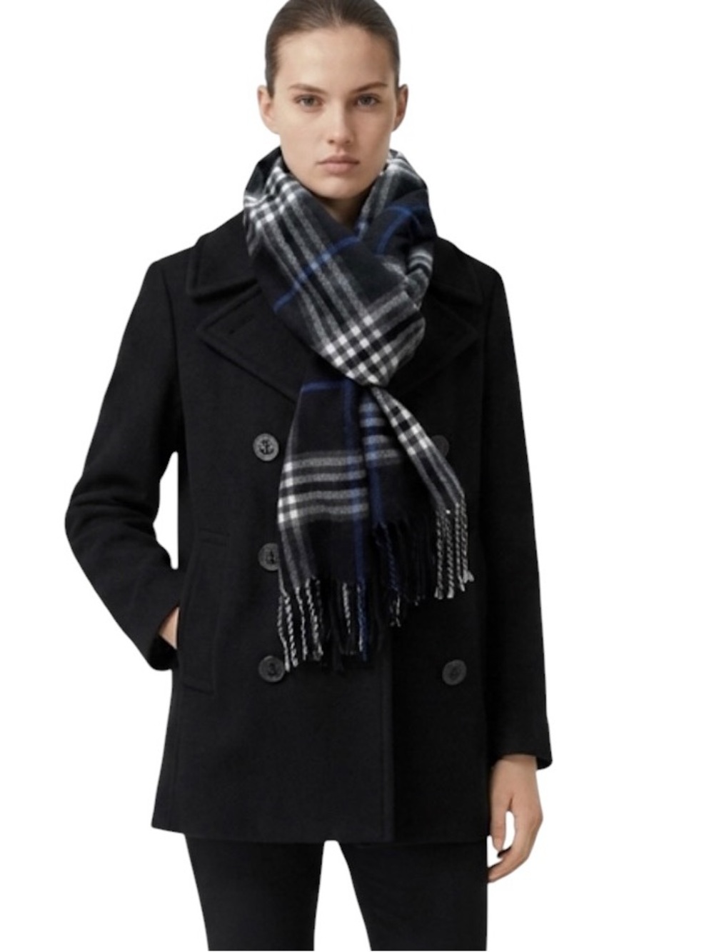 Plaid Fringe Soft Wool-Blend Cashmink Scarf Black Royal Blue Unisex  13”x64”